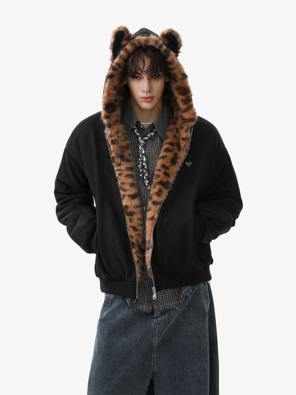 Leopard Print Hooded Jacket with Faux Fur Trim for Men - Trendy Winter Fashion
