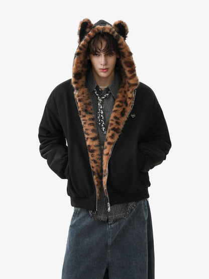 Leopard Print Hooded Jacket with Faux Fur Trim for Men - Trendy Winter Fashion