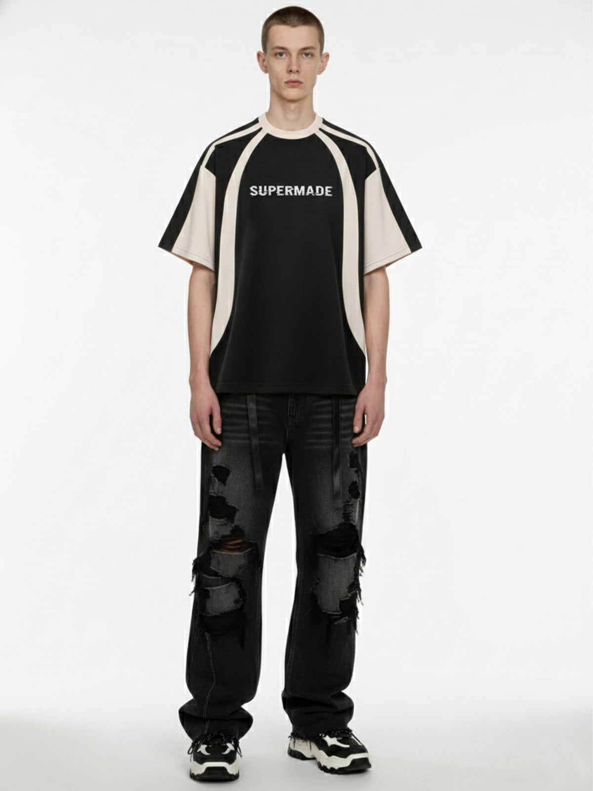 Thesupermade Horizontal Glitch Art Deconstruction Contrast Color Stitching Print T-shirt