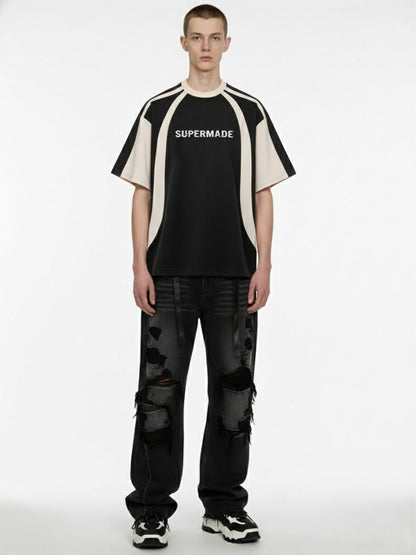 Thesupermade Horizontal Glitch Art Deconstruction Contrast Color Stitching Print T-shirt