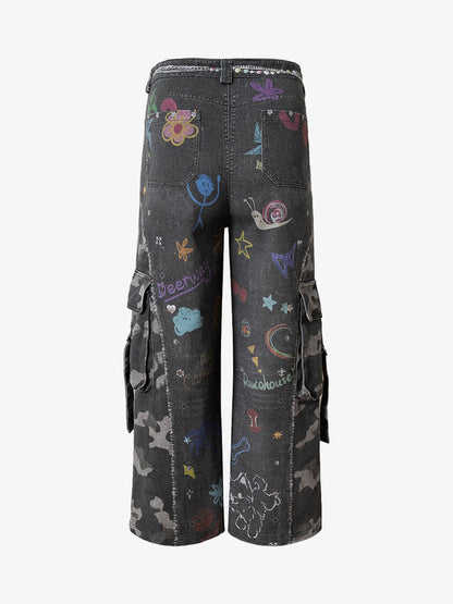 Thesupermade Graffiti Print Cold Transfer Camouflage Layered Cargo Jeans