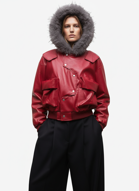 Deconstructed Multi Pocket Fur Hooded PU Leather Jacket