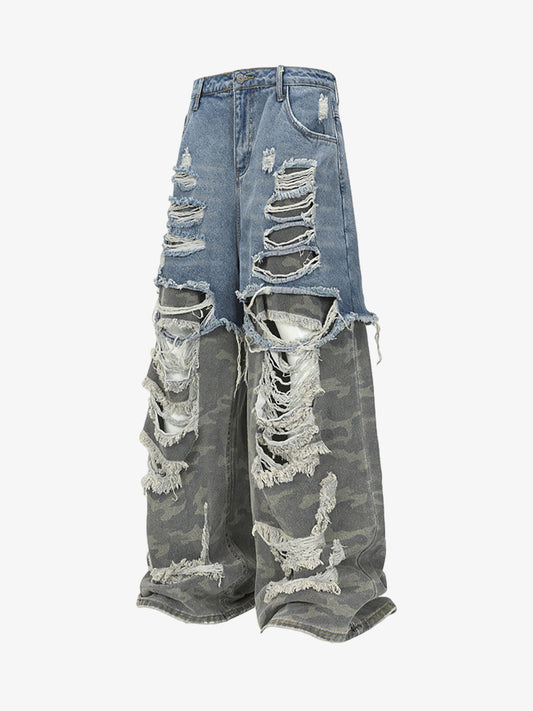 Thesupermade Camouflage Patchwork Ripped Cargo Jeans