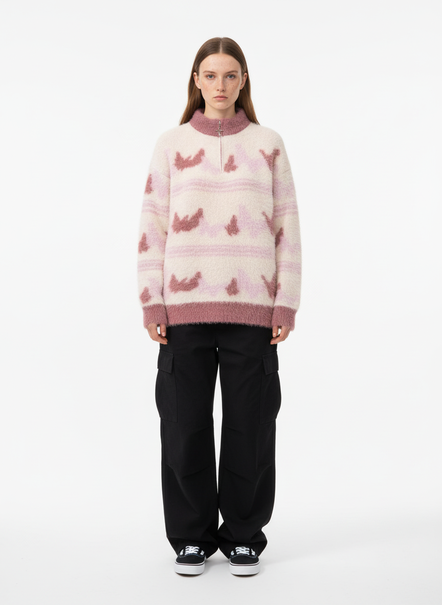 Contrast Stripe Butterfly Jacquard Half-zip Sweater