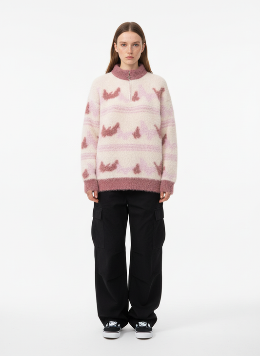 Contrast Stripe Butterfly Jacquard Half-zip Sweater
