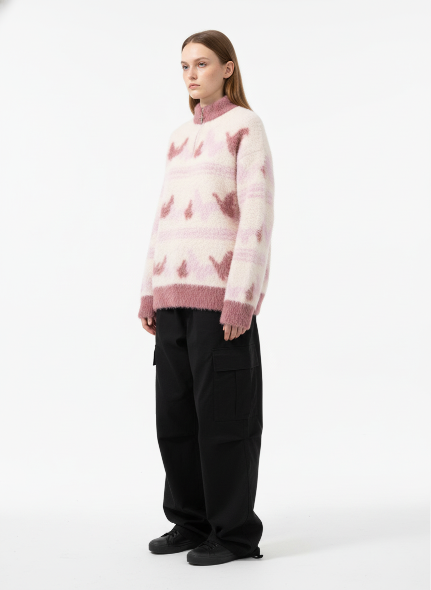 Contrast Stripe Butterfly Jacquard Half-zip Sweater