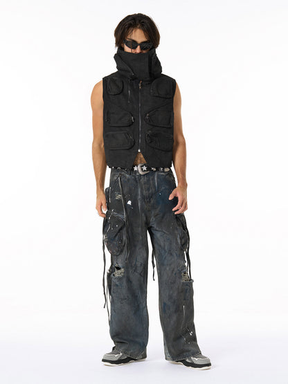 Distressed Cargo Denim Pants with Star Belt - Perfect for Edgy Street Style