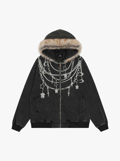 Stylish Chain-Printed Hoodie with Faux Fur Trim for Winter Fashion