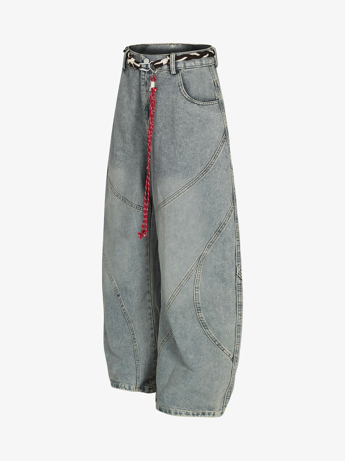 Wide-Leg Denim Trousers with Unique Braided Belt Detail