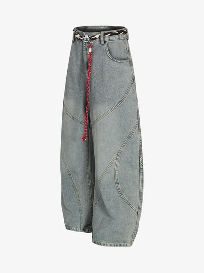 Wide-Leg Denim Trousers with Unique Braided Belt Detail