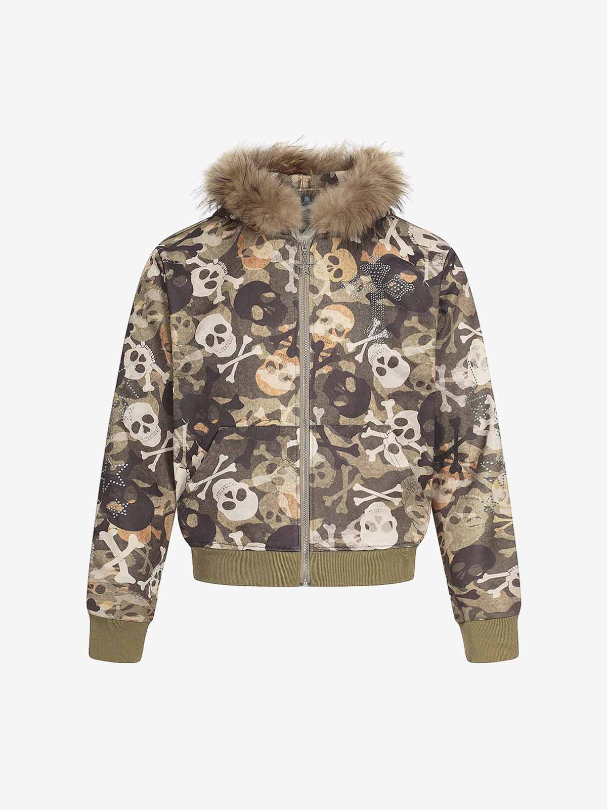Camouflage Skull Print Bomber Jacket with Faux Fur Hood Trim