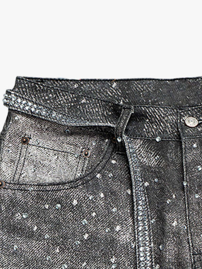 Distressed Diamond Decorated Belt Jeans
