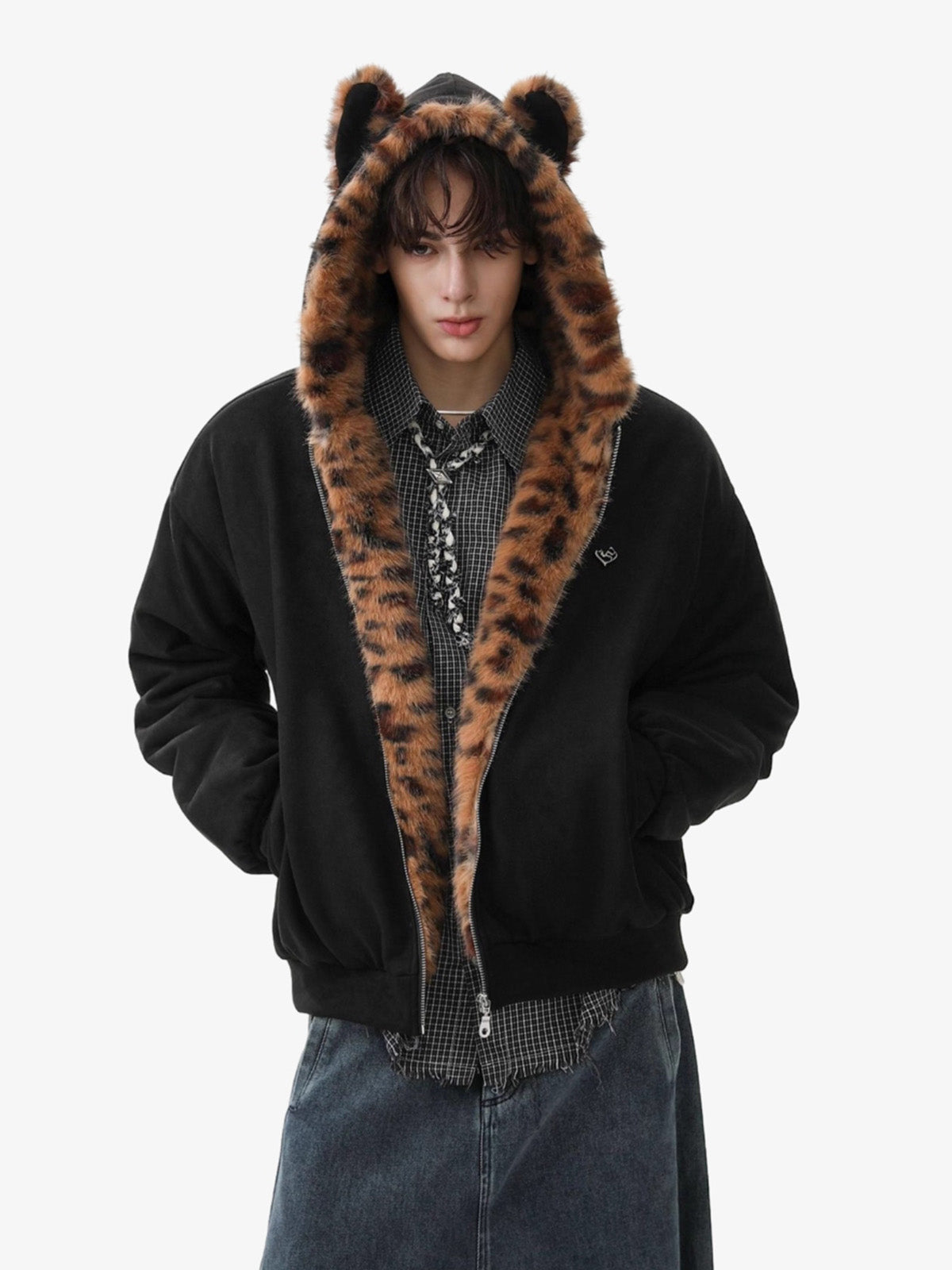 Leopard Print Hooded Jacket with Faux Fur Trim for Men - Trendy Winter Fashion