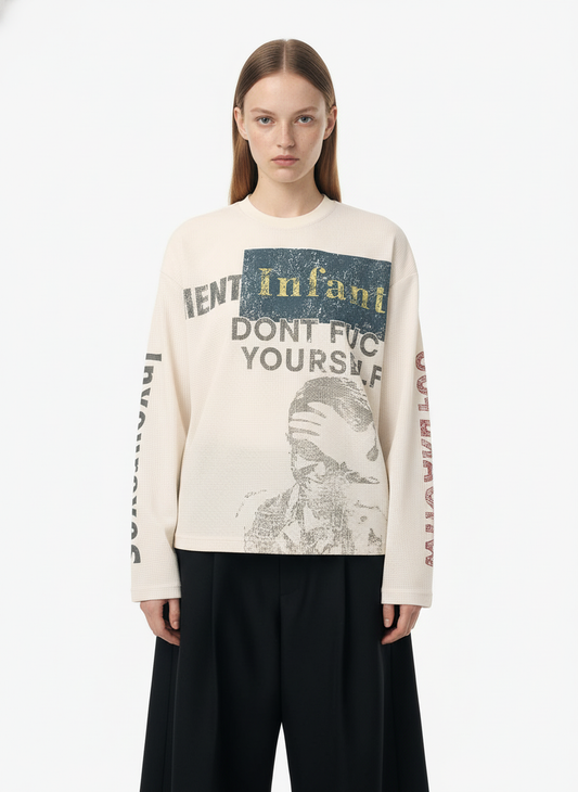 Waffle Knit Graphic Print Crewneck Sweatshirt - 2496