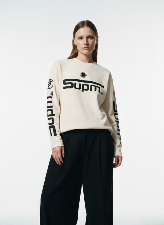 Textured Waffle SUPM Letter Graphic Long Sleeve T-Shirt