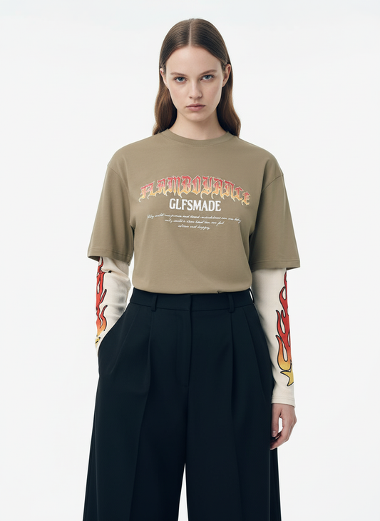 Gradient Letter Print Patchwork Faux Two-Piece Long-Sleeved T-Shirt