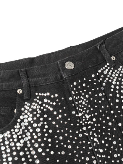 Retro Washed Rhinestone Raw Edge Denim Shorts - 2419