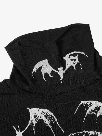 Gothic Skull Print Turtleneck Tight Long Sleeve T-Shirt