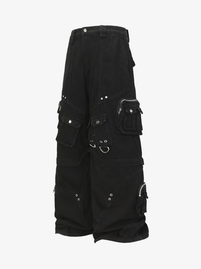 Black Tactical Cargo Shorts with Multi-Pockets and Zipper Accents