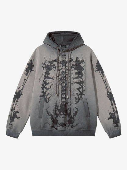 Street Washed Distressed Dark Skeletons Print Hoodie