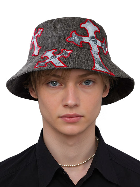 Cross And Portrait Denim Bucket Hat