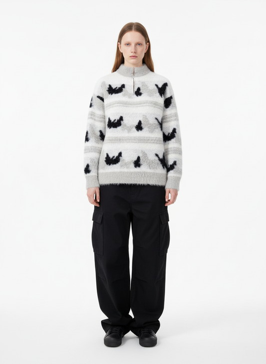 Contrast Stripe Butterfly Jacquard Half-zip Sweater