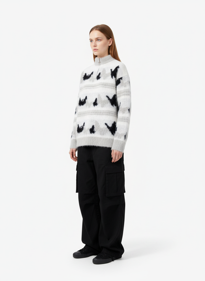 Contrast Stripe Butterfly Jacquard Half-zip Sweater