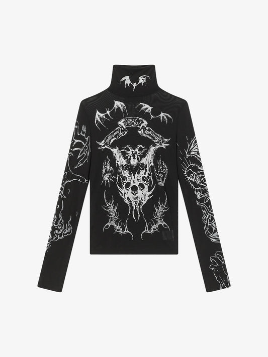 Gothic Skull Print Turtleneck Tight Long Sleeve T-Shirt
