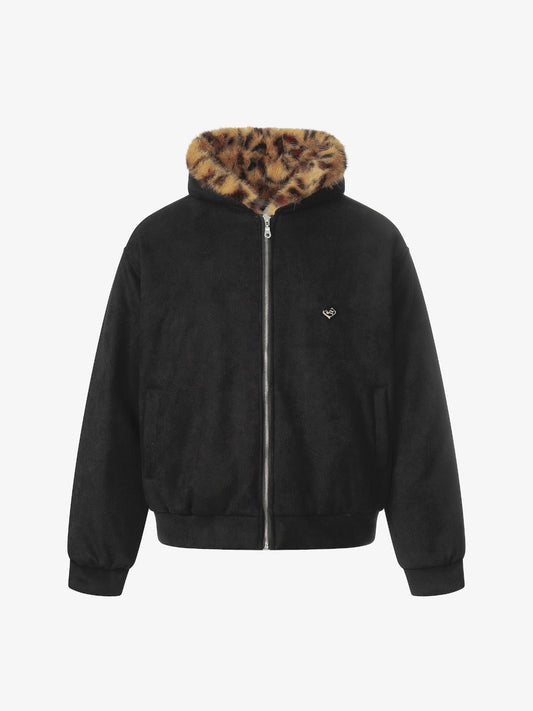 Leopard Print Hooded Jacket with Faux Fur Trim for Men - Trendy Winter Fashion