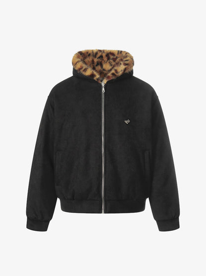 Leopard Print Hooded Jacket with Faux Fur Trim for Men - Trendy Winter Fashion