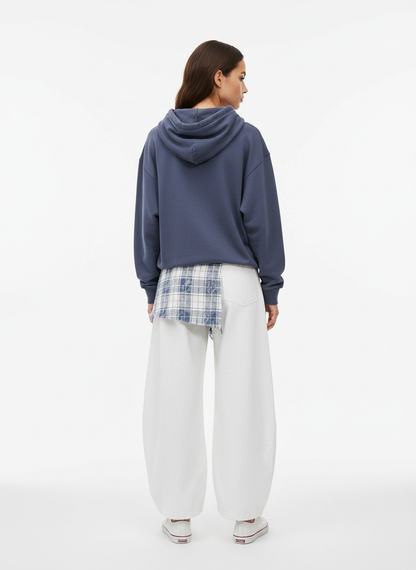 Layered Plaid Shirt-Tied Waist Barrel Jeans