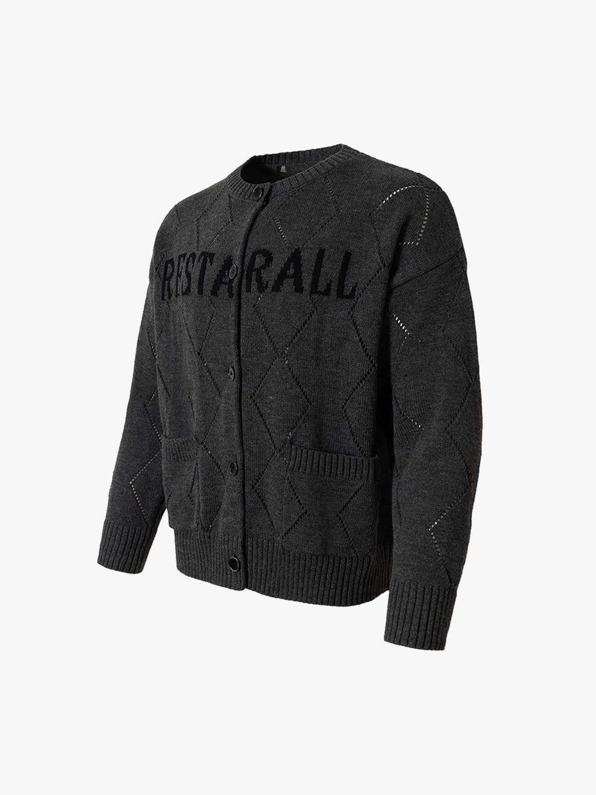 Mustard Yellow Knit Cardigan with Diamond Pattern and Bold Lettering