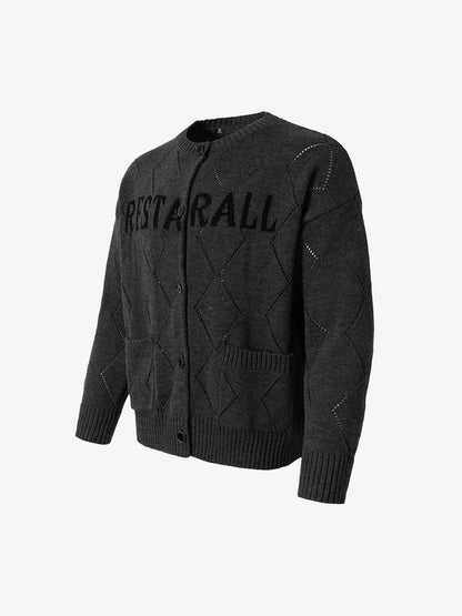 Mustard Yellow Knit Cardigan with Diamond Pattern and Bold Lettering