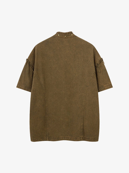 Rivet Deconstructed Split Stitching Denim Short-sleeved Shirt