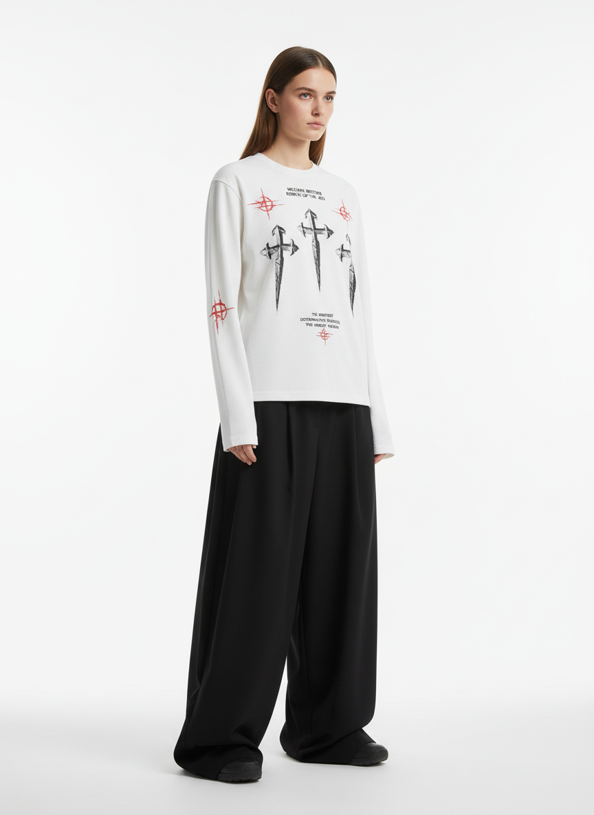 Letter Print Waffle Cross Long-Sleeved T-Shirt