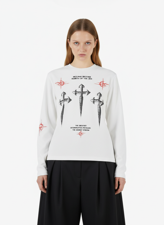 Letter Print Waffle Cross Long-Sleeved T-Shirt