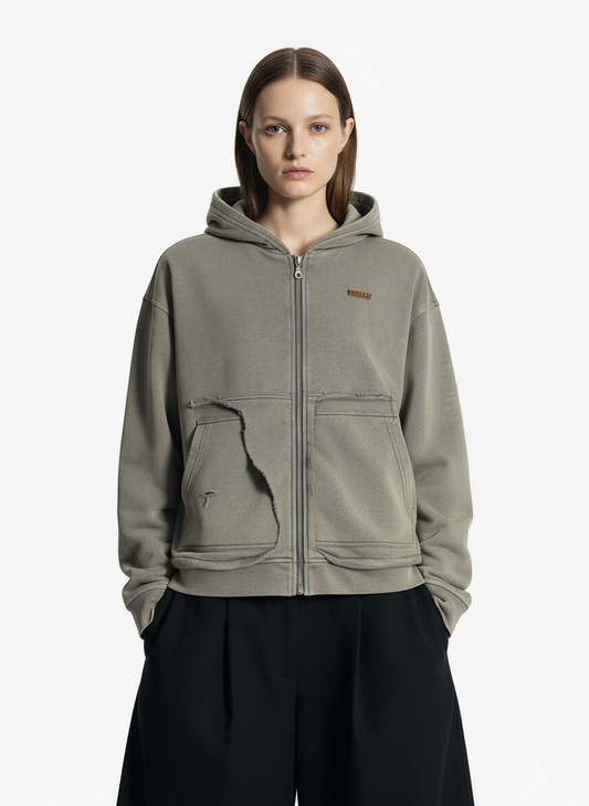 Washed Distressed Zip-Up Hooded Sweatshirt