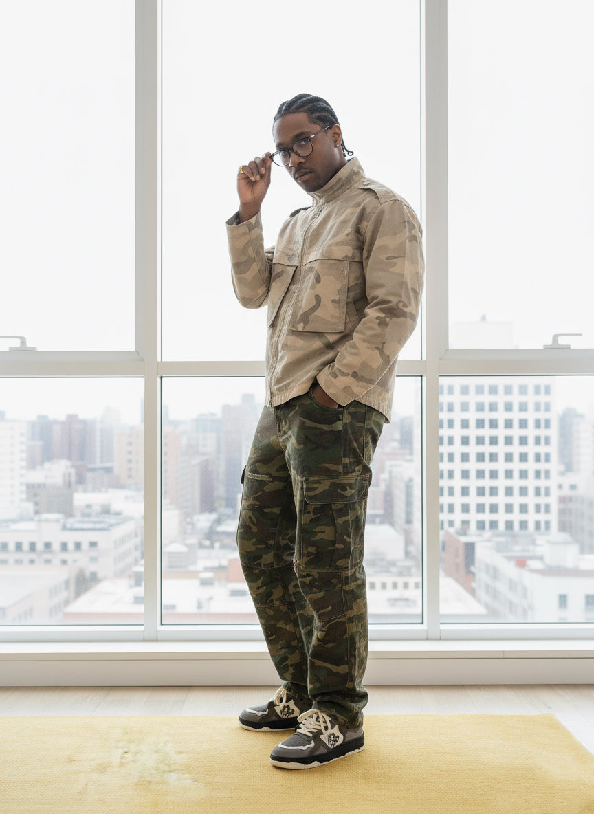 Woven Ripped Camouflage Flared Cargo Pants - 2410