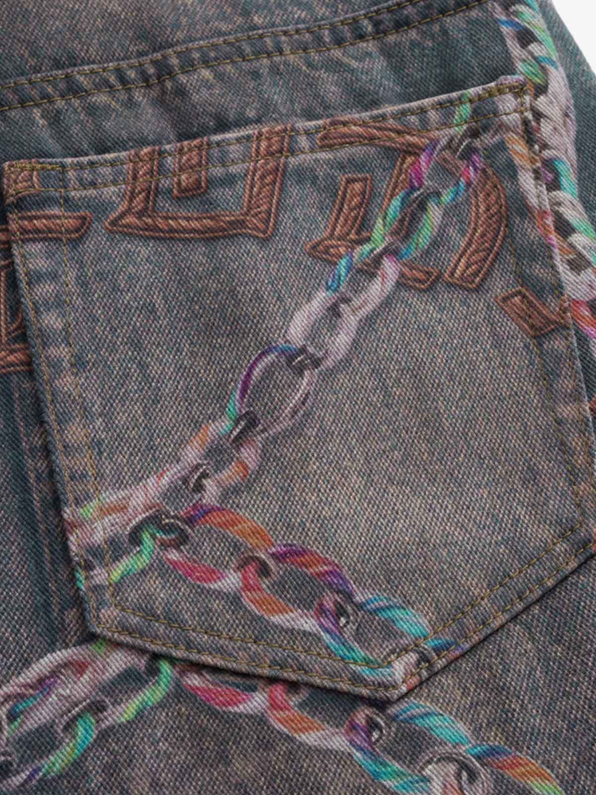 Retro High street Washed 3D Chain Printed Jeans