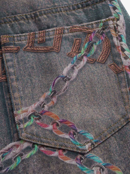 Retro High street Washed 3D Chain Printed Jeans
