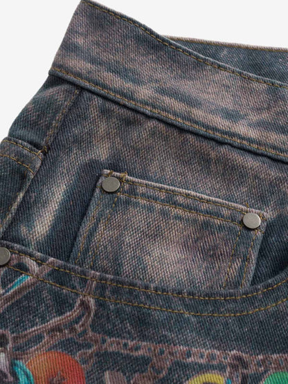 Retro High street Washed 3D Chain Printed Jeans