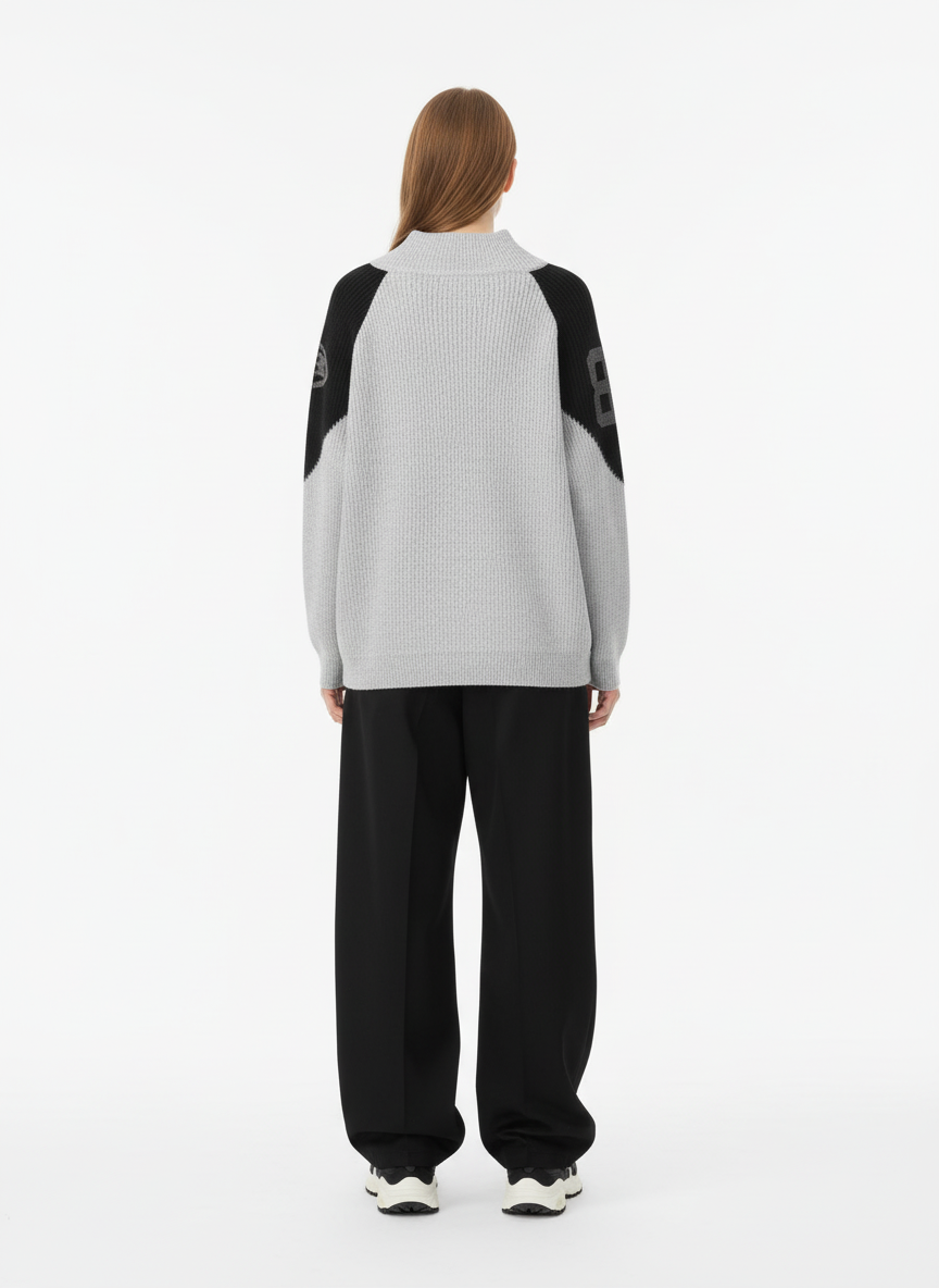 High Street Biker Style Patchwork Zip-up Knitted Jacket