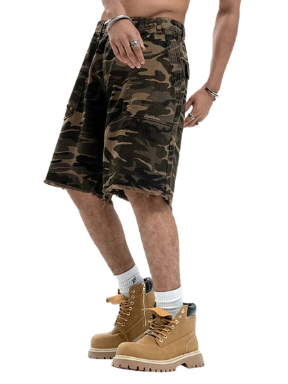 Camouflage Raw Edge Embroidered Cargo Shorts