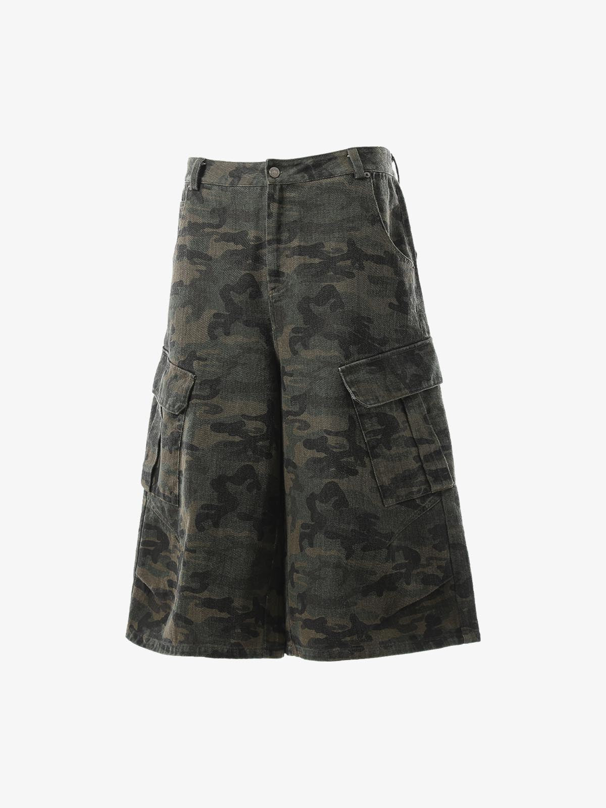 Vintage Washed Camouflage Machete Wide Leg Cargo Shorts