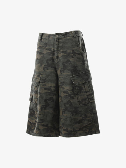 Vintage Washed Camouflage Machete Wide Leg Cargo Shorts
