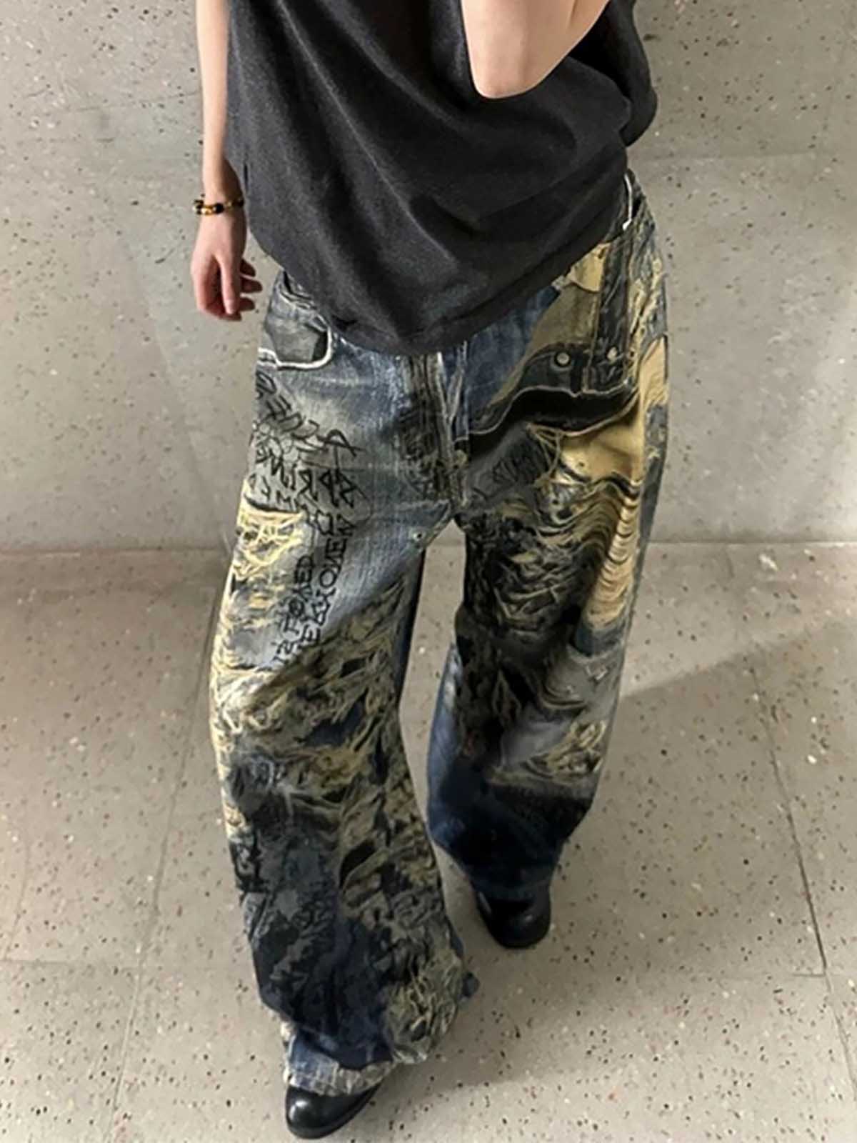 Ripped Holes Torn Optical Printed Jeans