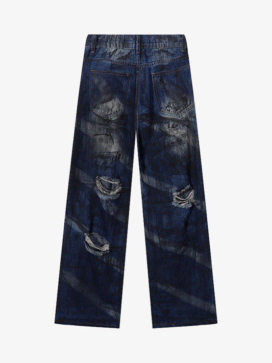 Distressed Wide-Leg Jeans with Tie-Dye Effect for Trendy Looks