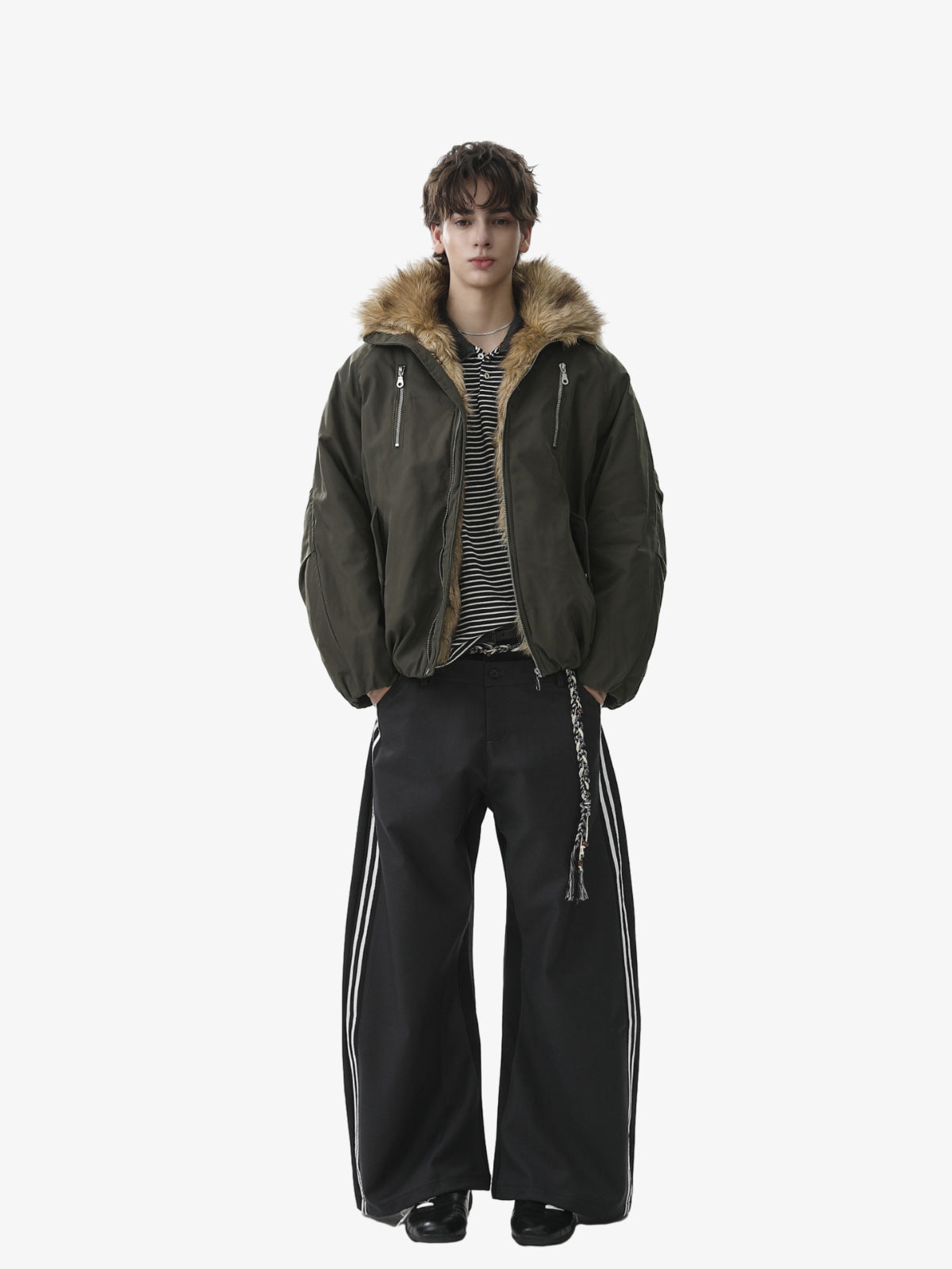 Thesupermade American Street Zipper Design Mountain Carved Fur Collar Quilted Cotton Jacket