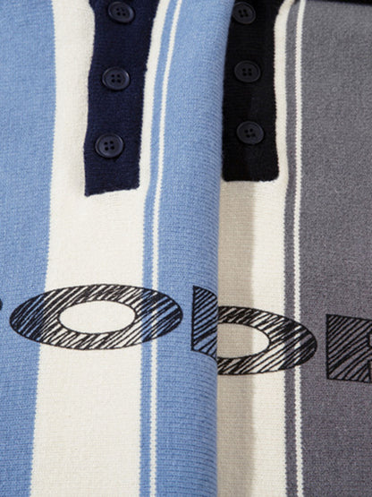 Retro Striped Polo Collar Sports Jersey Knit Sweater