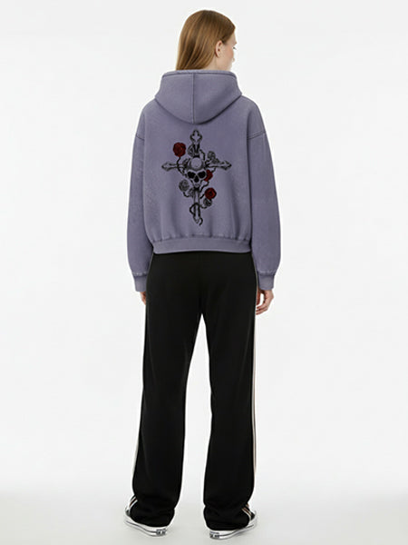 Thesupermade Washed Batik Double Zipper Cardigan Hooded Sweatshirt Rose Wrapped Skull Cross
